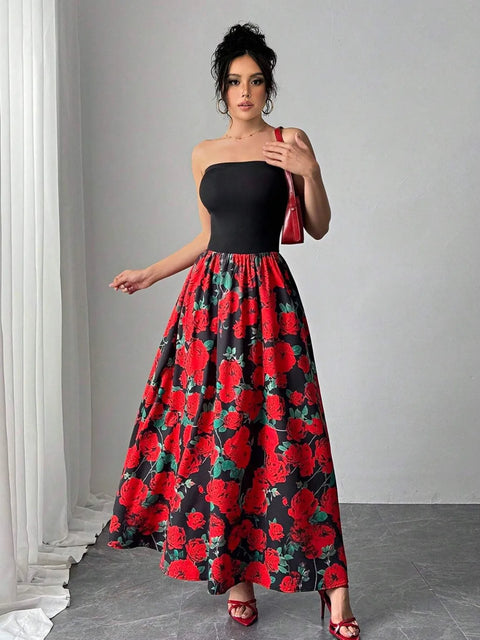 floral tube maxi dress Women Floral Satin Strapless Tube Maxi Dress Sexy Floral Backless Draped Bodycon Long Cocktail Evening Party Dress at Amazon Women's Clothing store