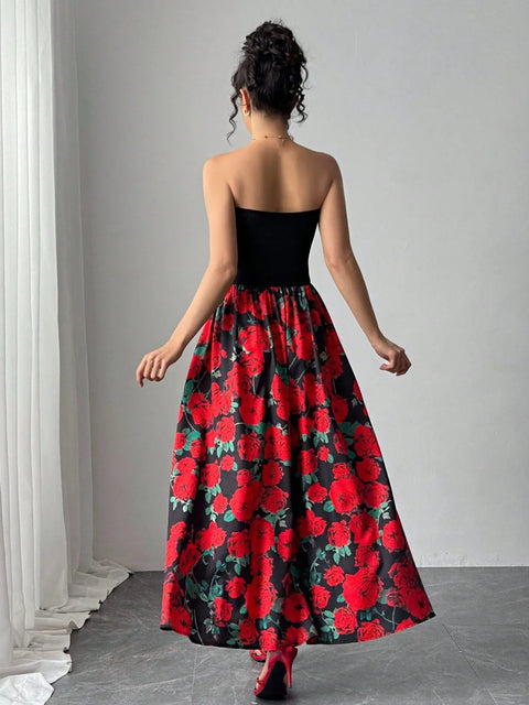 red 3d floral mesh tube maxi dress Red Floral Tube Maxi Dress